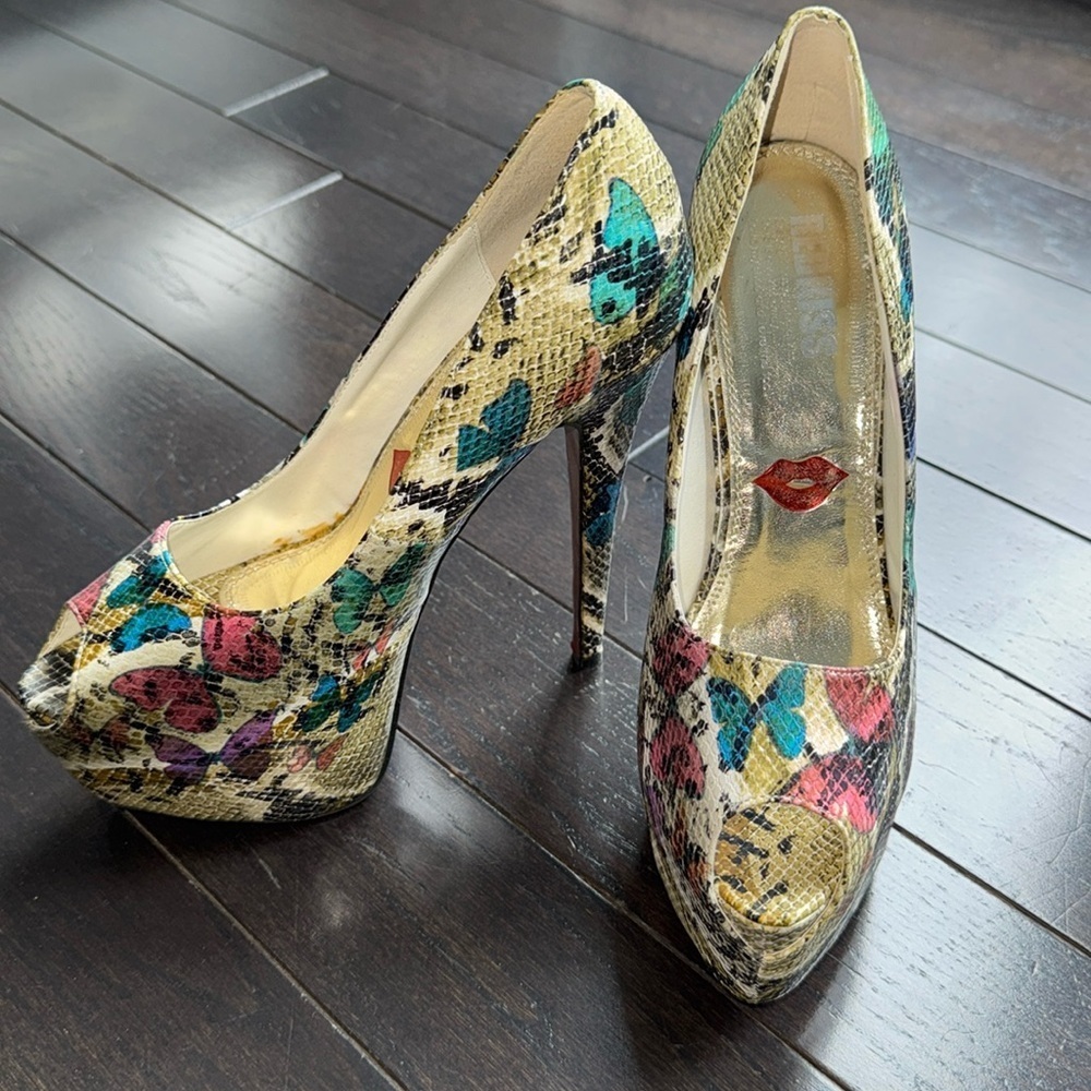 🟣 SNAKESKIN & BUTTERFLY PRINT PEEP TOE PLATFORM HELEN PUMPS SIZE 8.5
